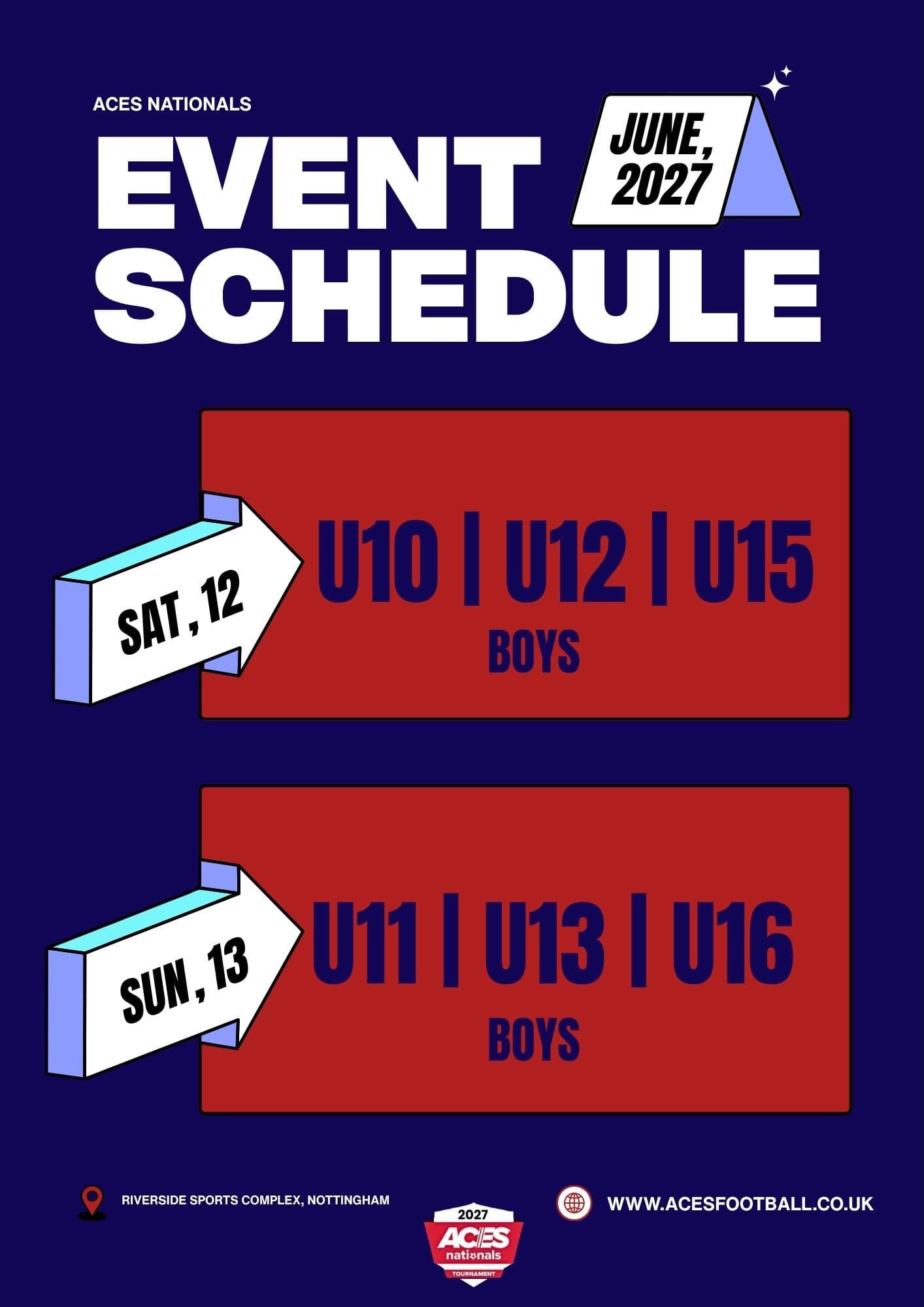 ACES Nationals 2027 Weekend 1 schedule — Sat 12 & Sun 13 June, Boys age groups