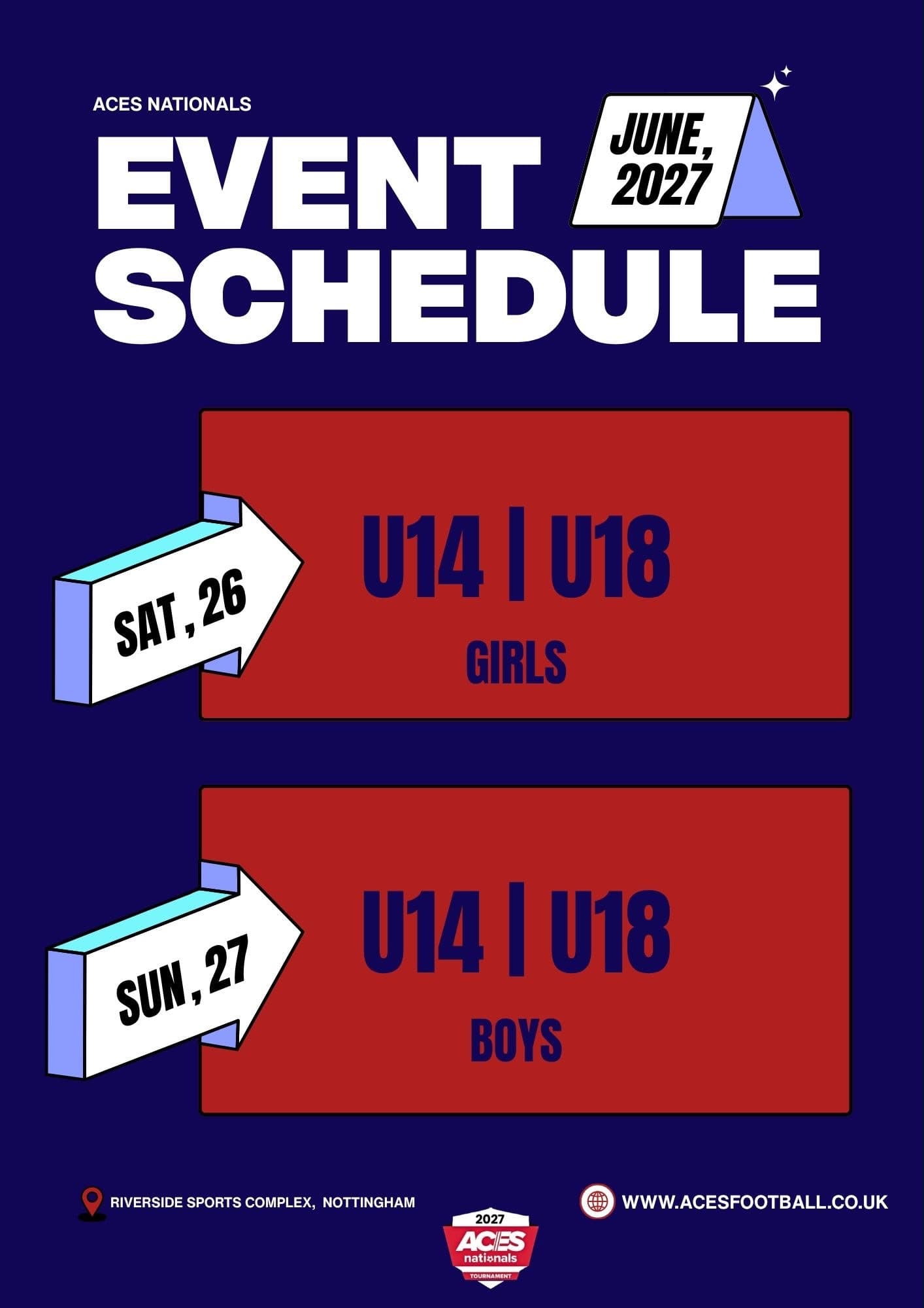 ACES Nationals 2027 Weekend 3 schedule — Sat 26 Girls & Sun 27 Boys age groups